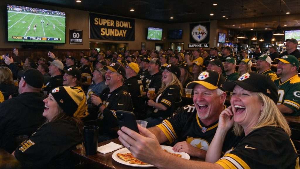 Illustration for the news story: Steelers and Packers Faithful Fill Daphne Restaurants for Super Bowl Sunday Watch Parties