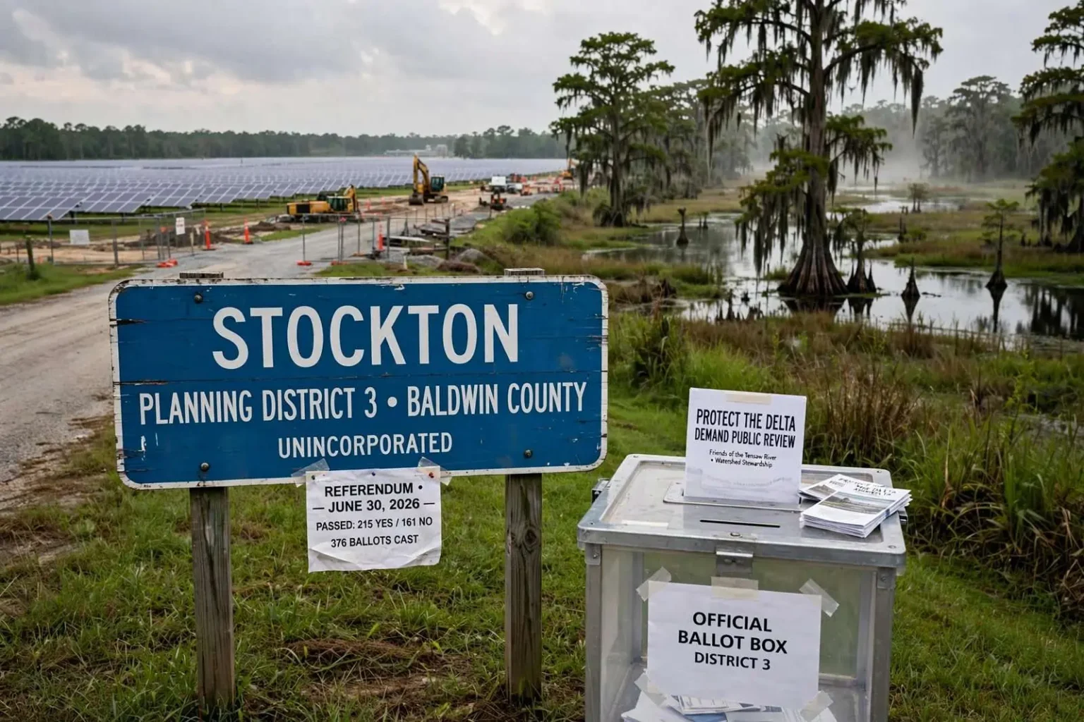 Illustration for the news story: Stockton Votes Itself a Zoning District as a 4,500-Acre Solar Farm Looms