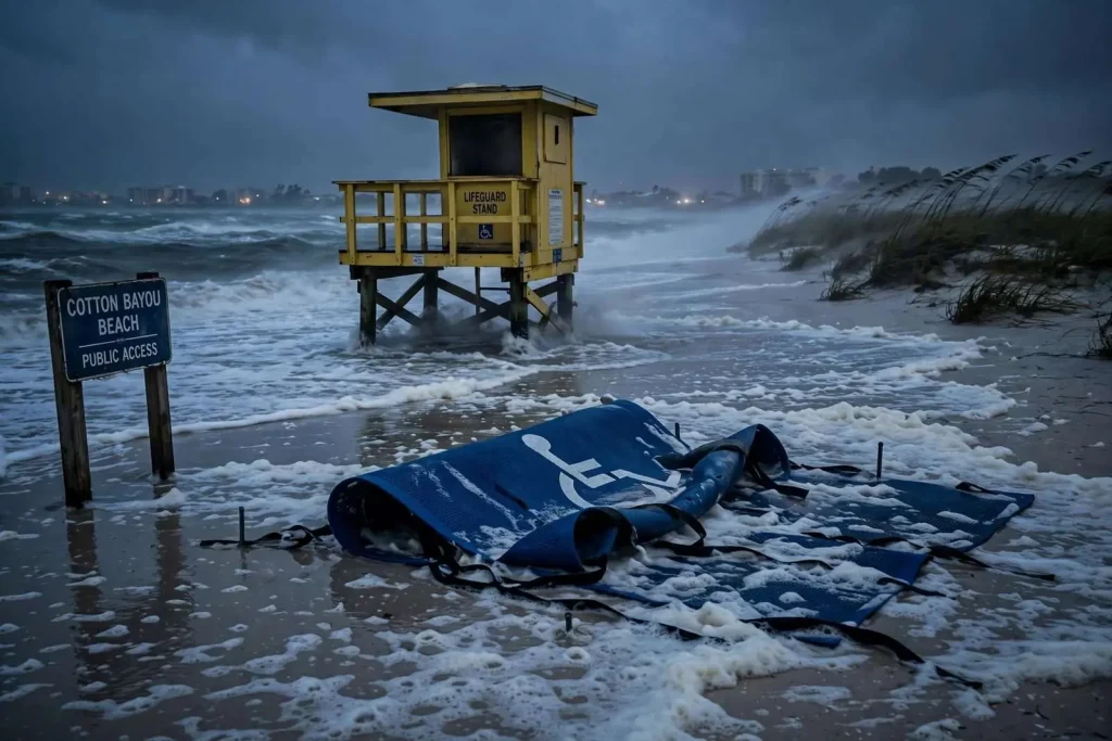 Illustration for the news story: Storm Surge, Rough Surf Hit Orange Beach Before Dawn as Bertha’s Outer Bands Linger