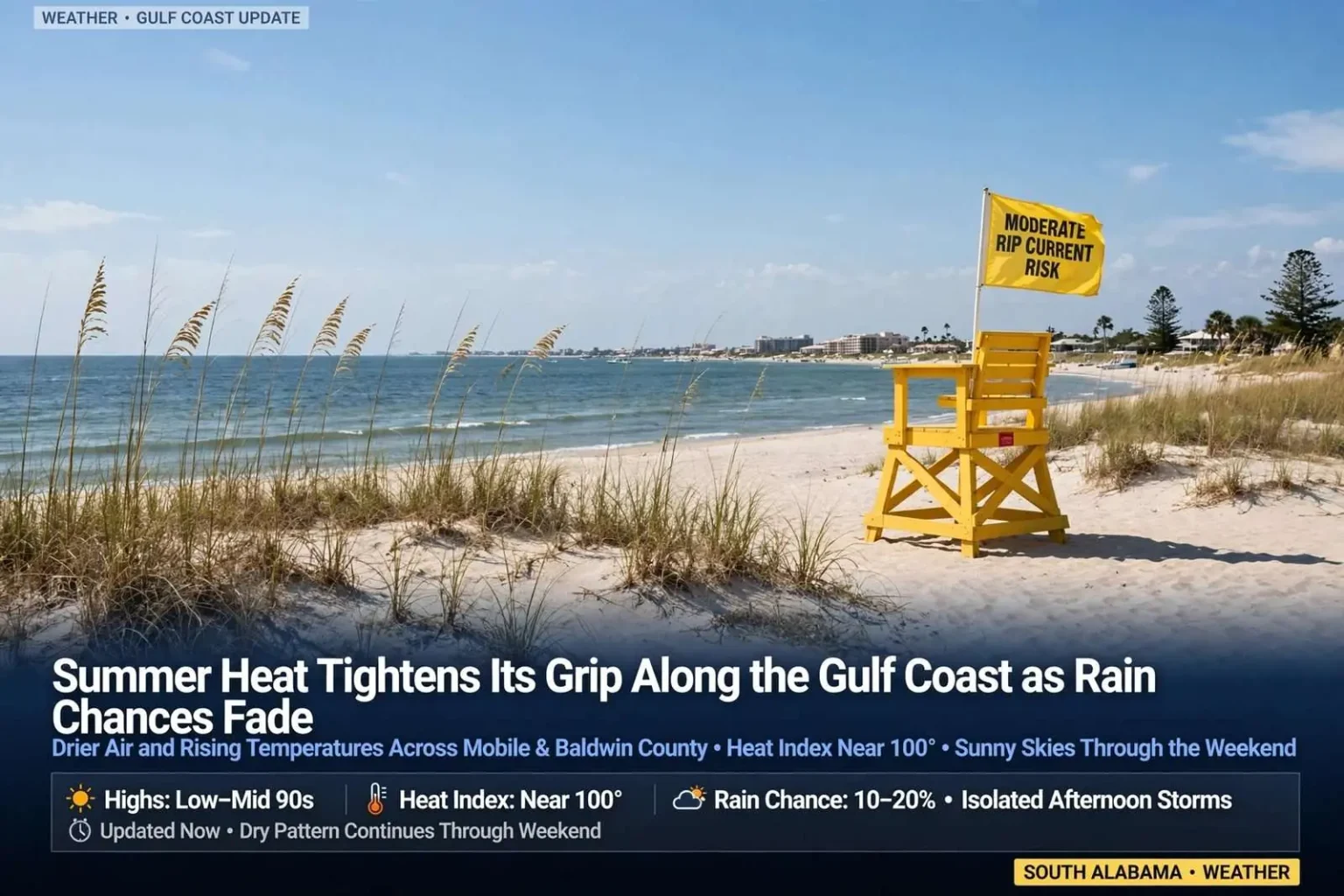 Illustration for the news story: Summer Heat Tightens Its Grip Along the Gulf Coast as Rain Chances Fade
