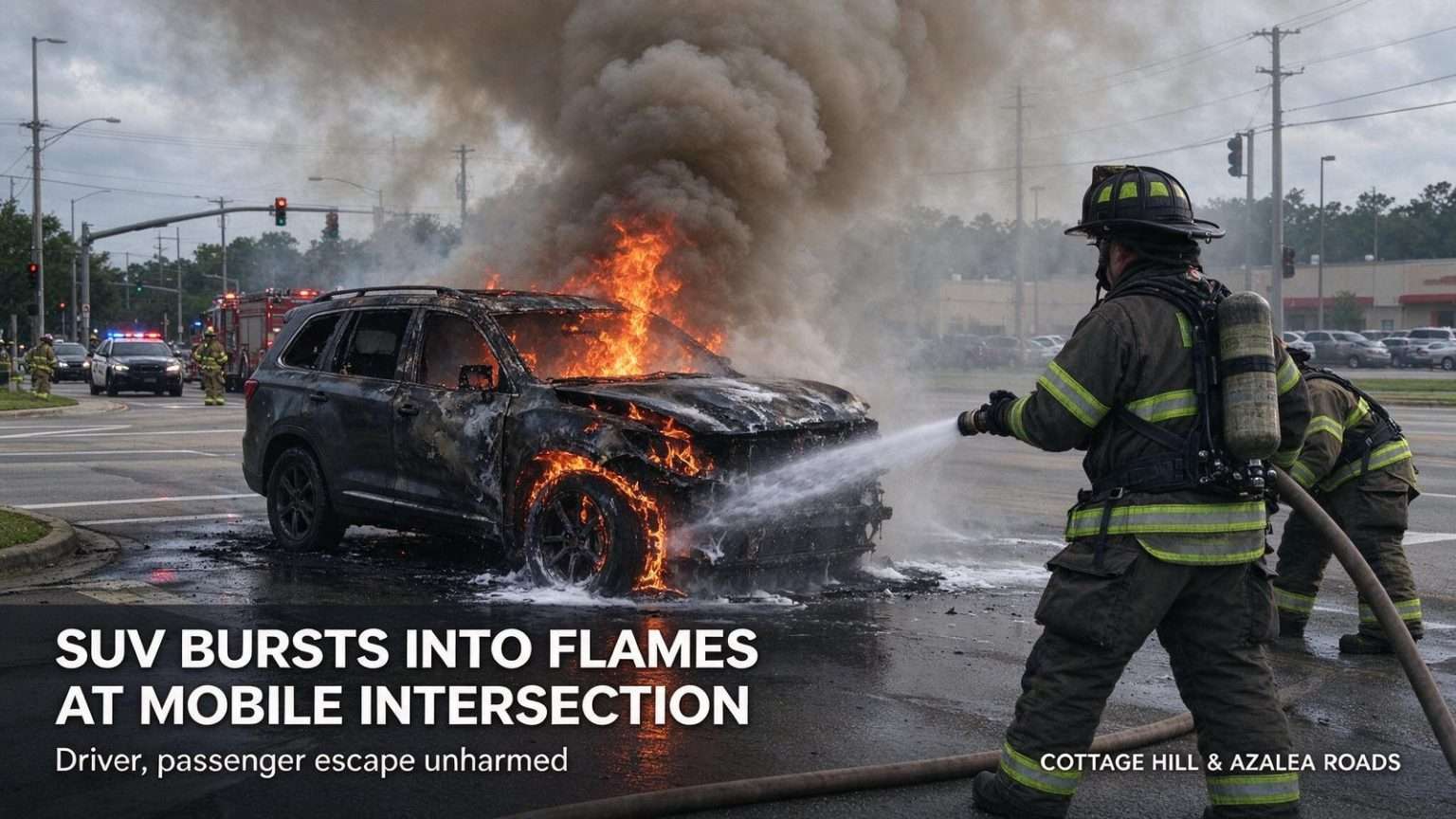 Illustration for the news story: SUV Bursts Into Flames at Mobile Intersection; Driver, Passenger Escape Unharmed