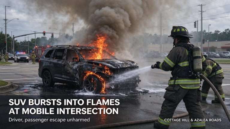 Illustration for the news story: SUV Bursts Into Flames at Mobile Intersection; Driver, Passenger Escape Unharmed