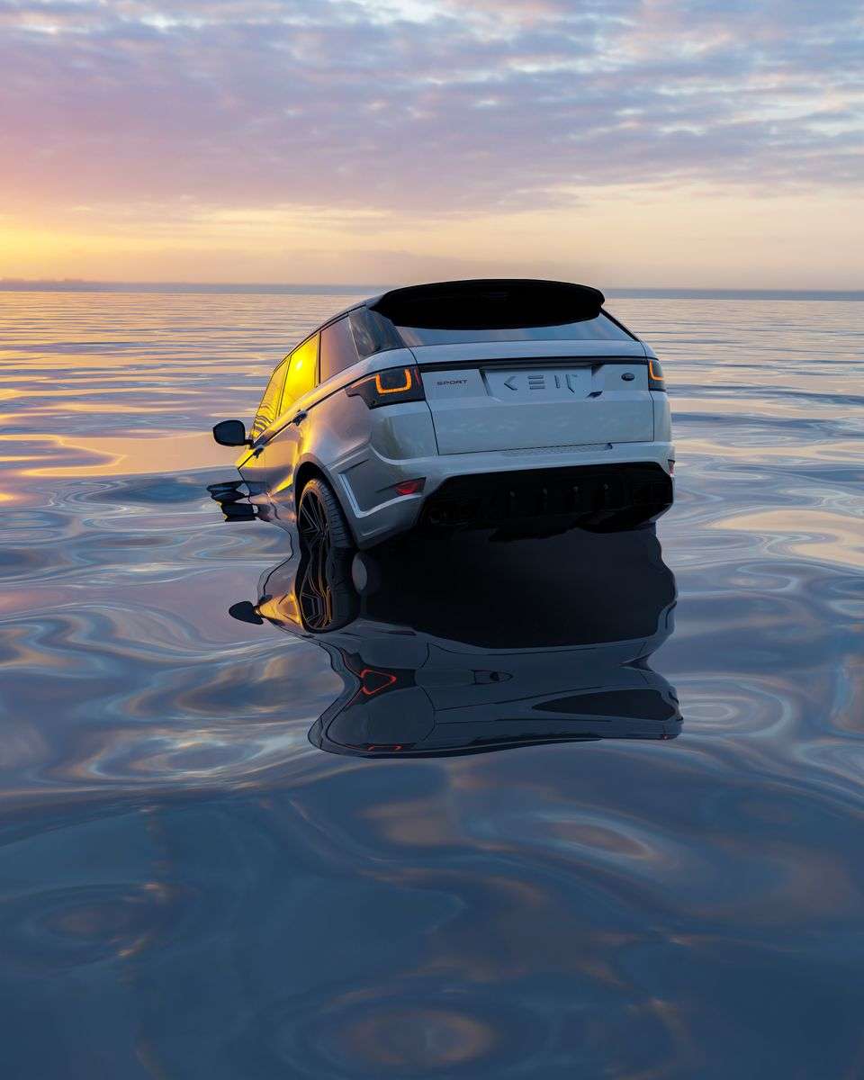 White SUV partially submerged in ocean surf, illustrating a vehicle overtaken by rising water