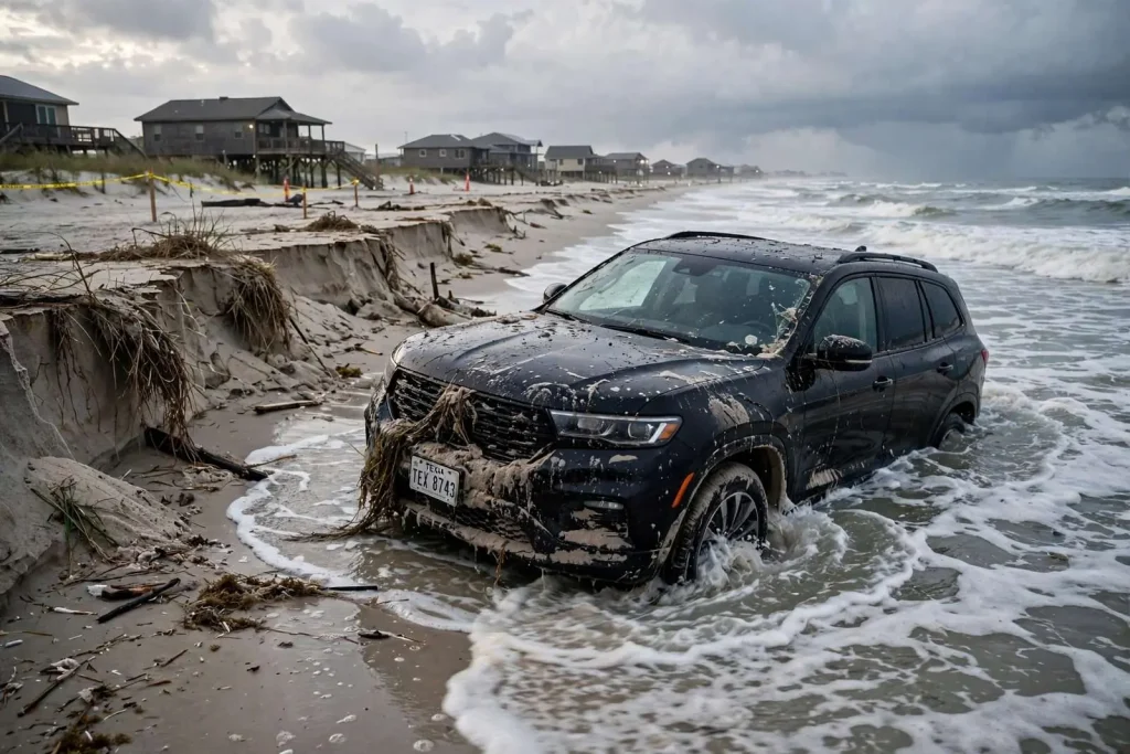Illustration for the news story: Texas Family’s SUV Swallowed by Gulf Surf After Bertha Erodes Fort Morgan Beach