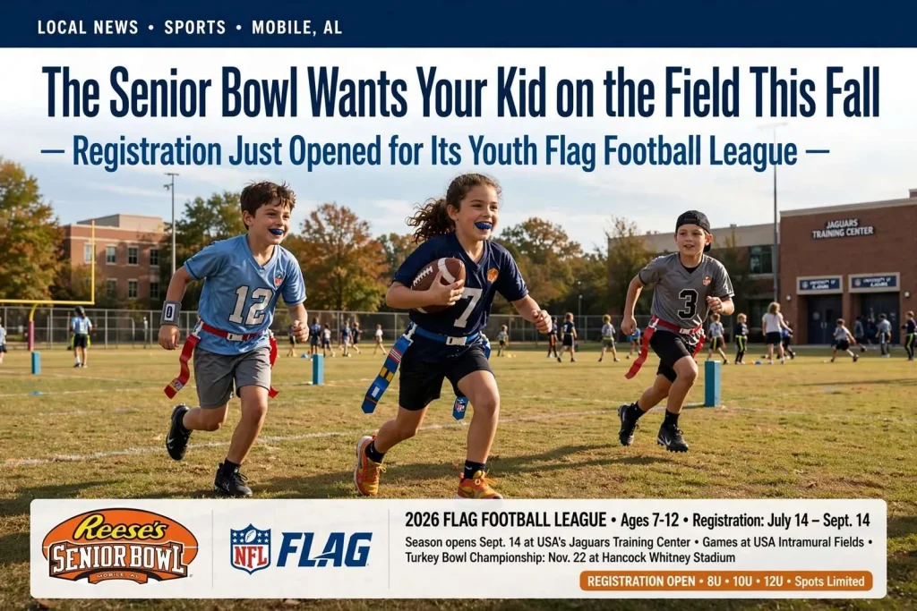 Illustration for the news story: The Senior Bowl Wants Your Kid on the Field This Fall — Registration Just Opened for Its Youth Flag Football League
