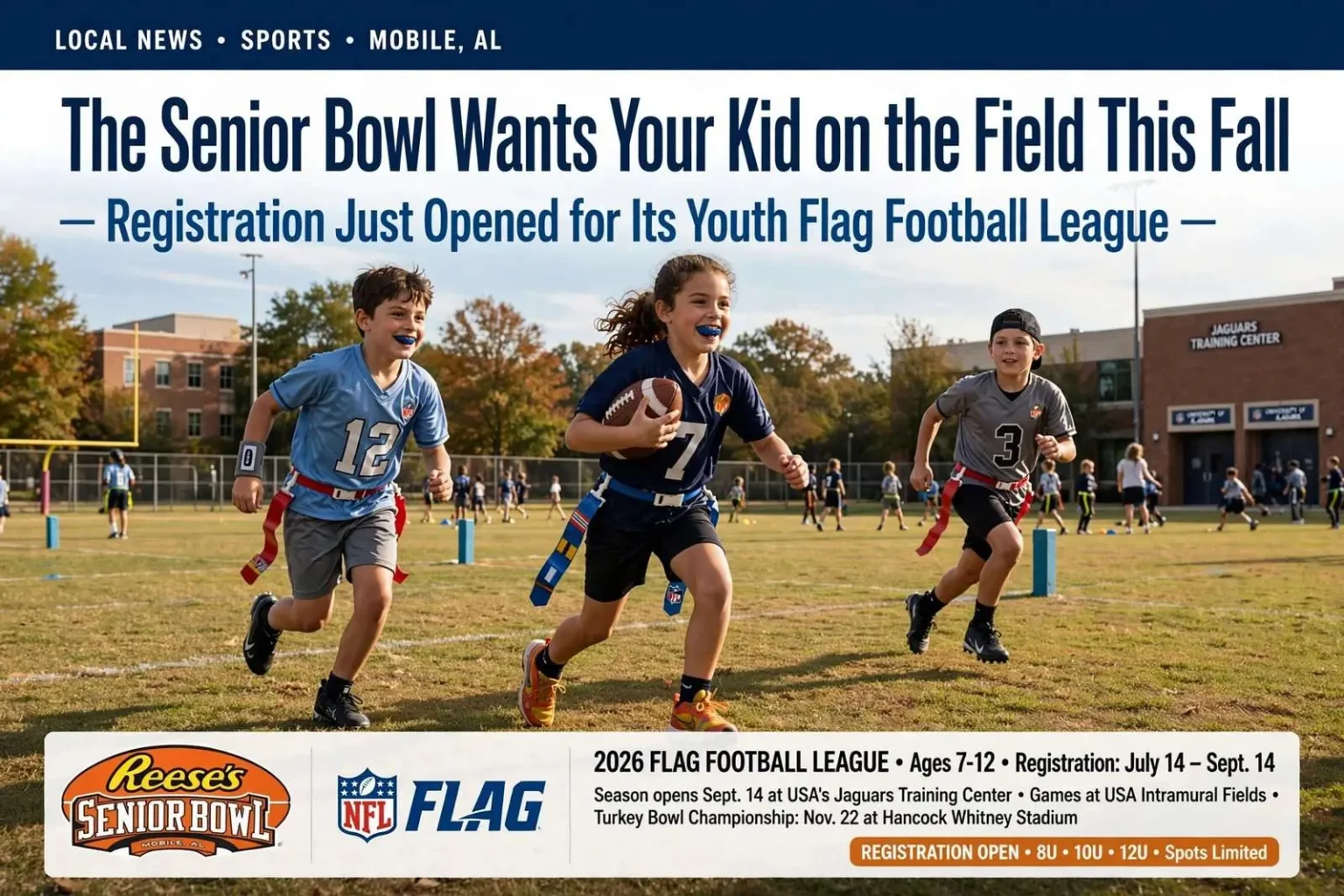 Illustration for the news story: The Senior Bowl Wants Your Kid on the Field This Fall — Registration Just Opened for Its Youth Flag Football League