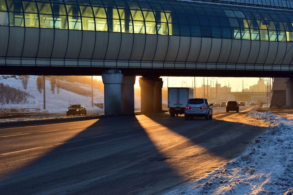 Traffic crossing a highway bridge over a river delta