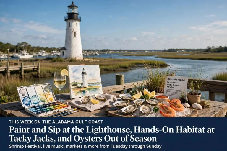 Illustration for the news story: This Week on the Alabama Gulf Coast: Paint and Sip at the Library, Hands-On Habitat at Tacky Jacks, and Oysters Out of Season