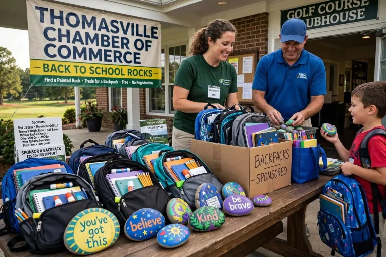 Illustration for the news story: Thomasville Chamber Prepares Annual Back to School Rocks Backpack Giveaway