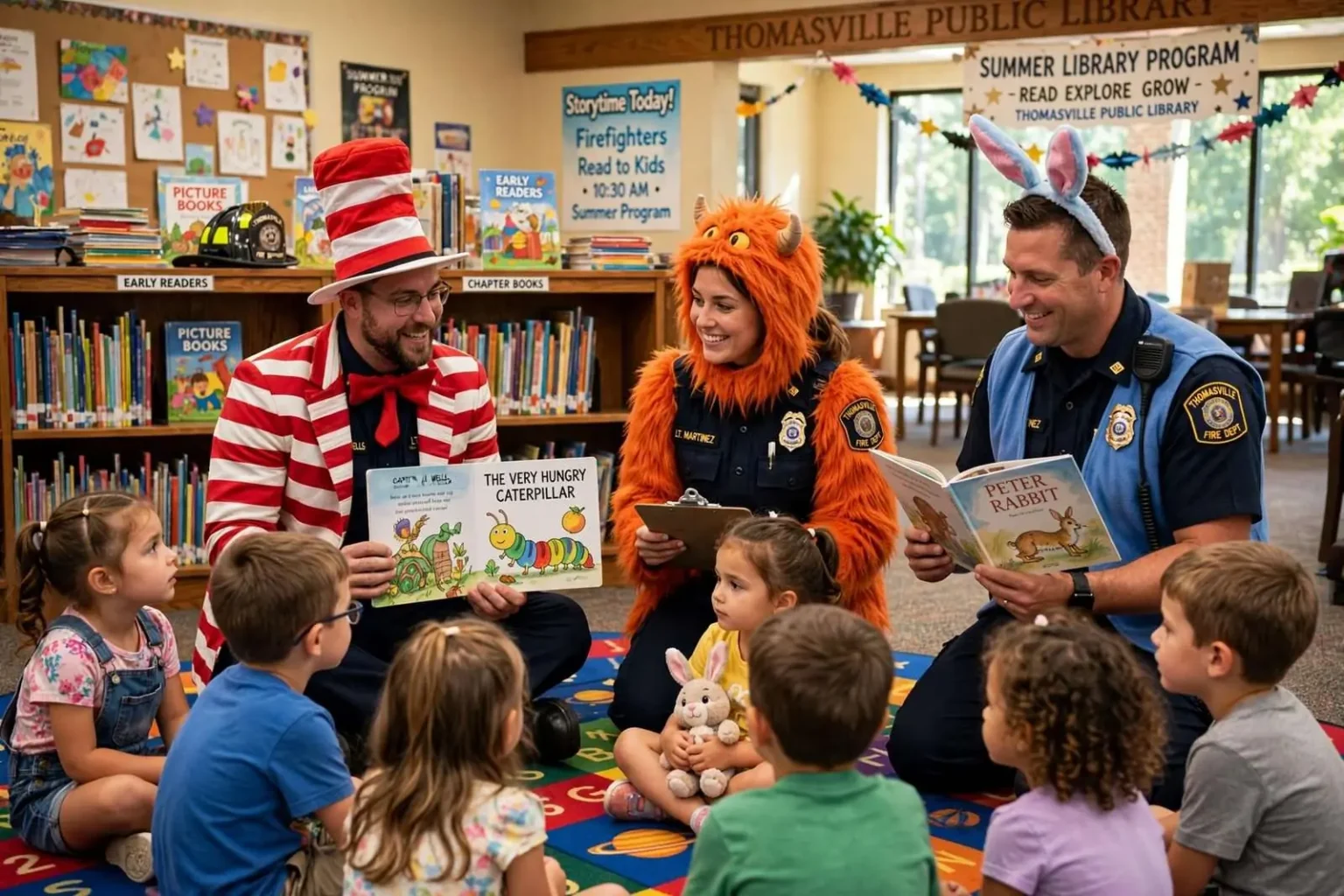 Illustration for the news story: Thomasville Firefighters Trade the Engine for a Storybook at Summer Library Program