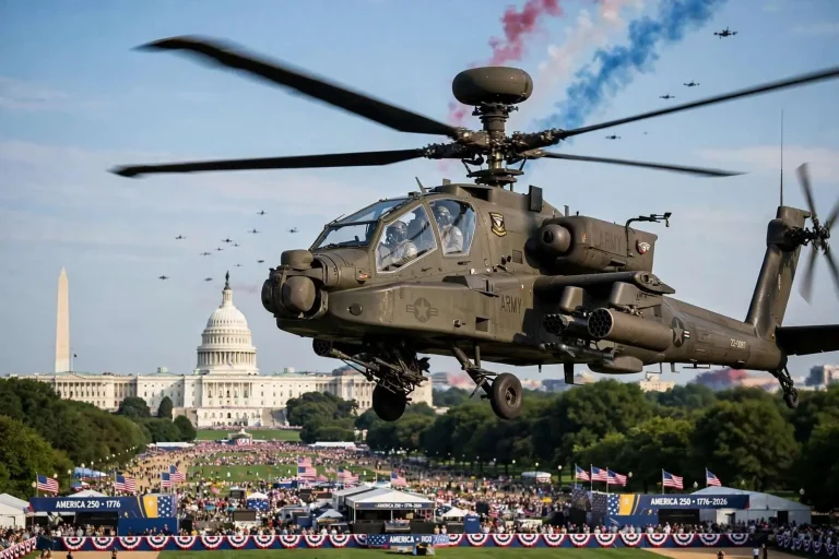 Illustration for the news story: Clarke County Native Flies Apache Helicopter Over America’s 250th Birthday Celebration