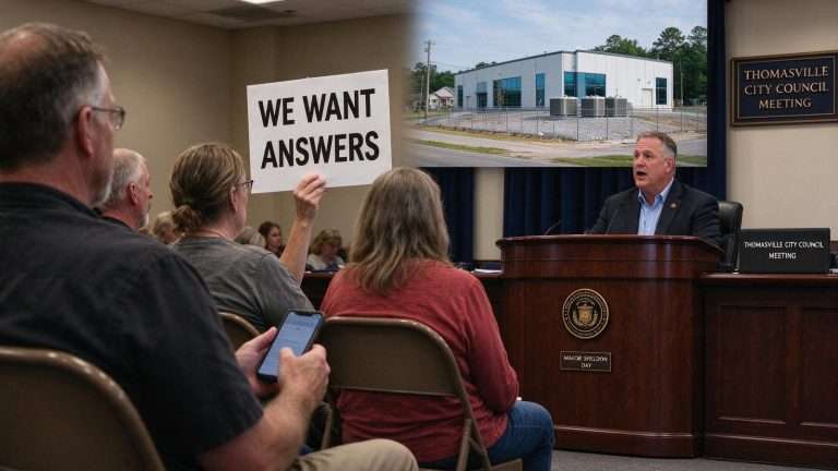 Illustration for the news story: Thomasville Residents Living Near a Proposed Data Center Want Answers. The Mayor Says the City Can’t Legally Stop It Yet.