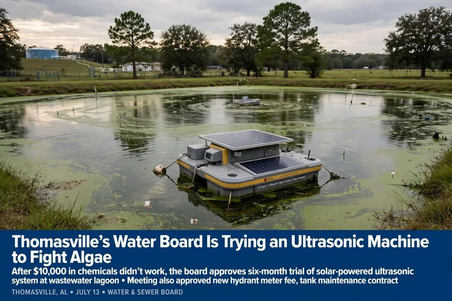 Illustration for the news story: Thomasville’s Water Board Is Trying an Ultrasonic Machine to Fight Algae After $10,000 in Chemicals Didn’t Work