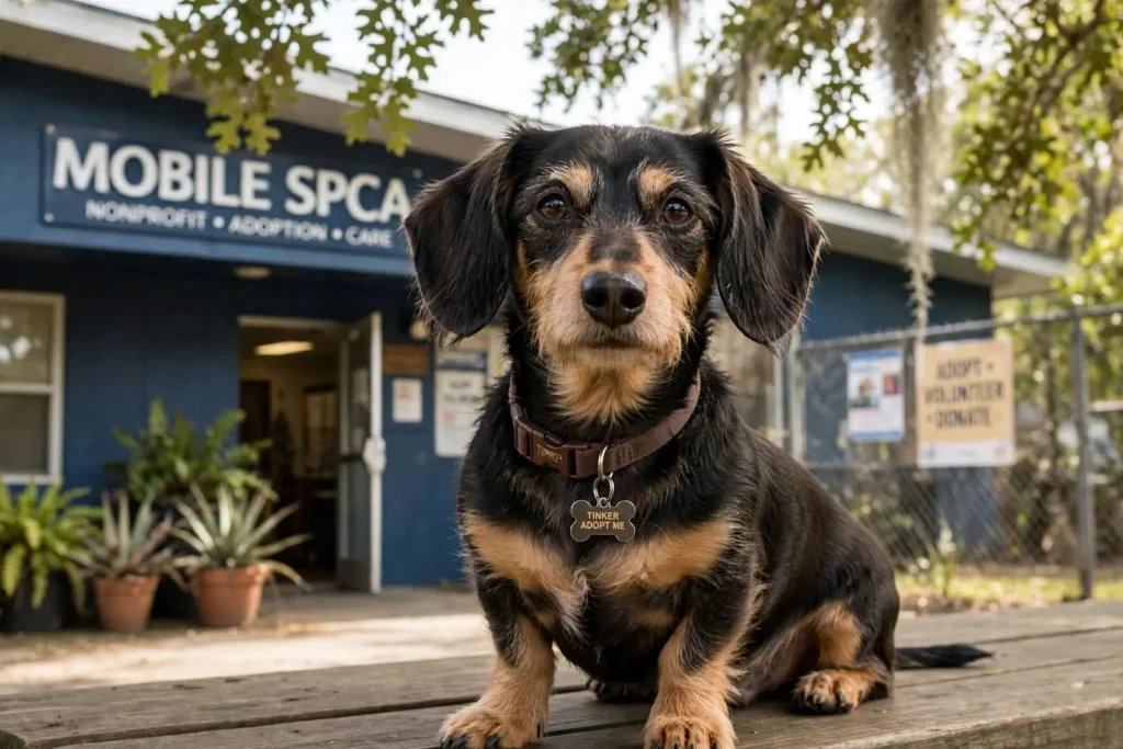 Illustration for the news story: Tinker Is Seven, House-Trained, Loves Car Rides — and Waiting at the Mobile SPCA