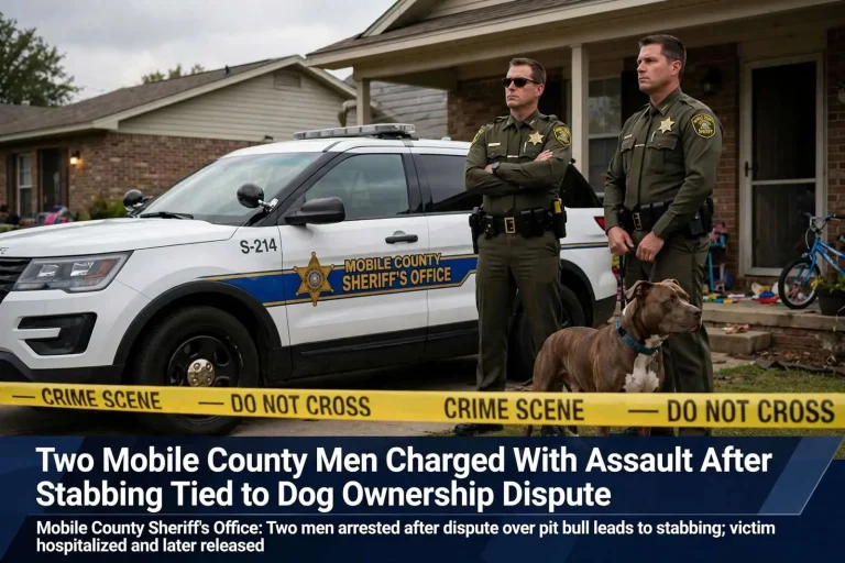 Illustration for the news story: Two Mobile County Men Charged With Assault After Stabbing Tied to Dog Ownership Dispute