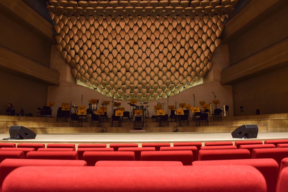Concert hall stage set up for a live performance