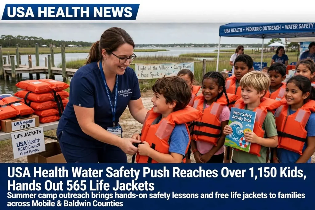 Illustration for the news story: USA Health Water Safety Push Reaches Over 1,150 Kids, Hands Out 565 Life Jackets