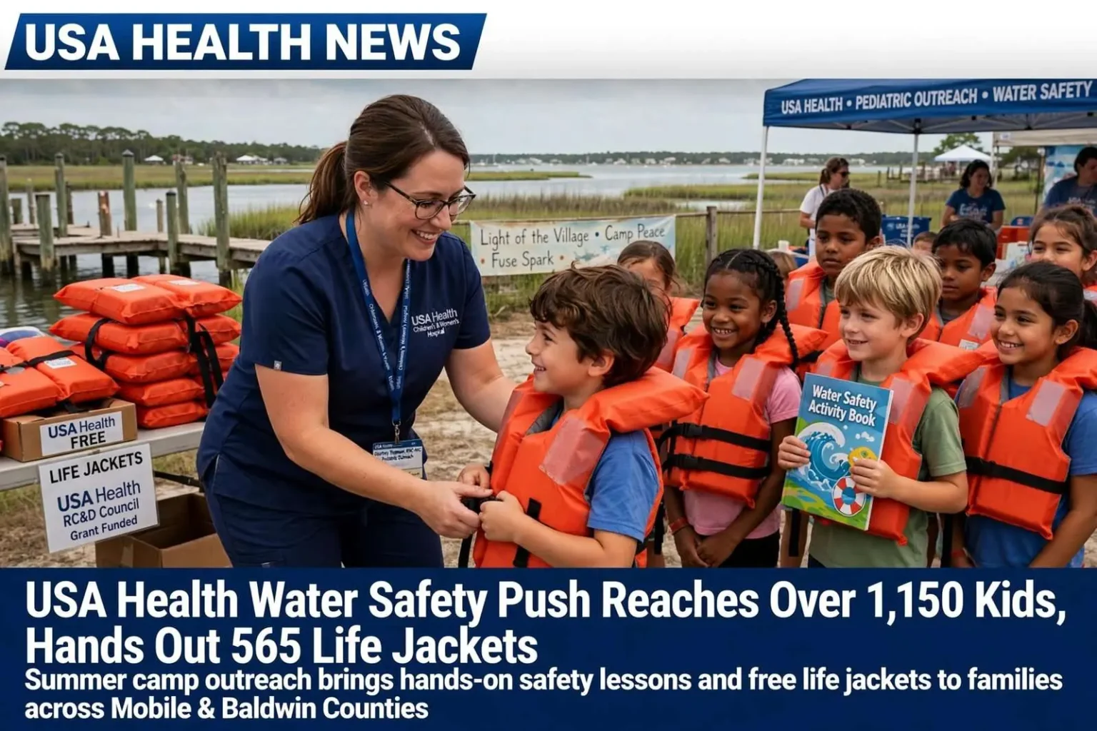 Illustration for the news story: USA Health Water Safety Push Reaches Over 1,150 Kids, Hands Out 565 Life Jackets
