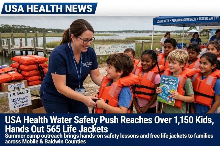 Illustration for the news story: USA Health Water Safety Push Reaches Over 1,150 Kids, Hands Out 565 Life Jackets