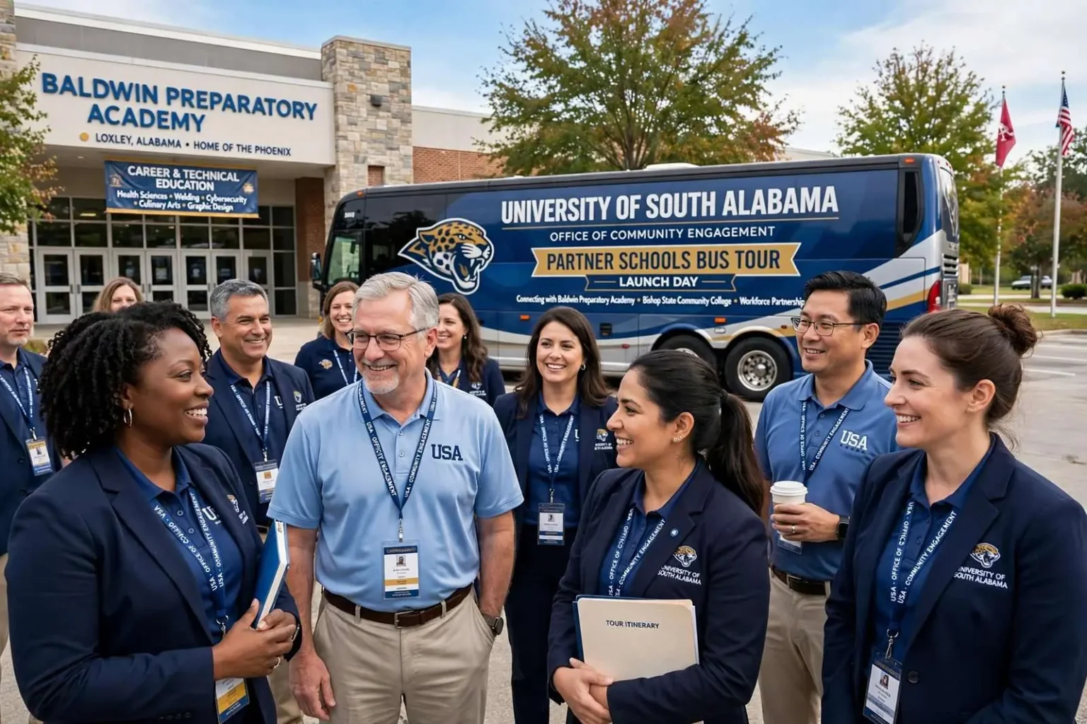 Illustration for the news story: USA’s Office of Community Engagement Launches Bus Tour to Highlight Local Partner Schools
