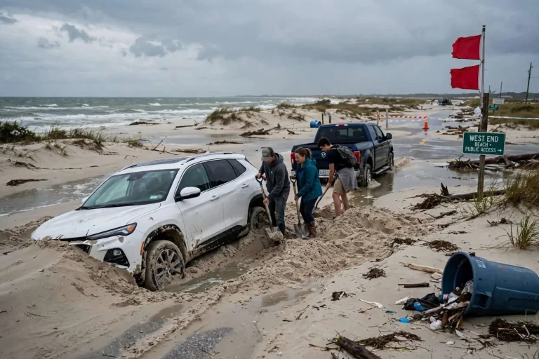 Illustration for the news story: Vehicles Left Stranded in Sand as Overnight Flooding Swamps Dauphin Island’s West End