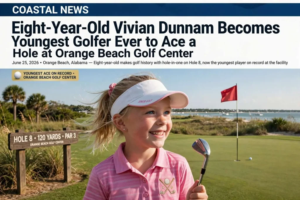 Illustration for the news story: Eight-Year-Old Vivian Dunnam Becomes Youngest Golfer Ever to Ace a Hole at Orange Beach Golf Center