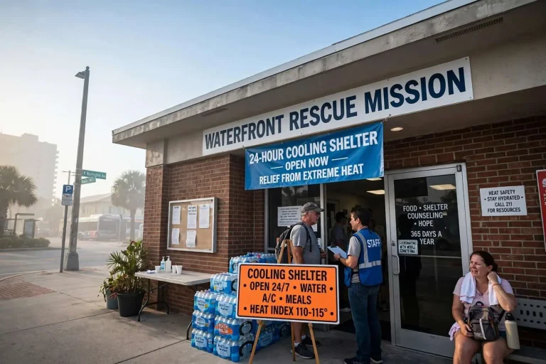 Illustration for the news story: Waterfront Rescue Mission Opens 24-Hour Cooling Shelter as Heat Index Tops 110