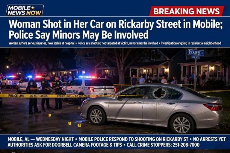 Illustration for the news story: Woman Shot in Her Car on Rickarby Street in Mobile; Police Say Minors May Be Involved