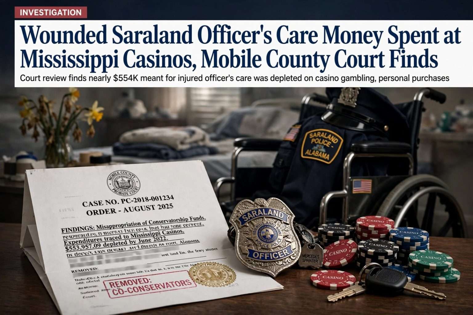 Illustration for the news story: Wounded Saraland Officer’s Care Money Spent at Mississippi Casinos, Mobile County Court Finds
