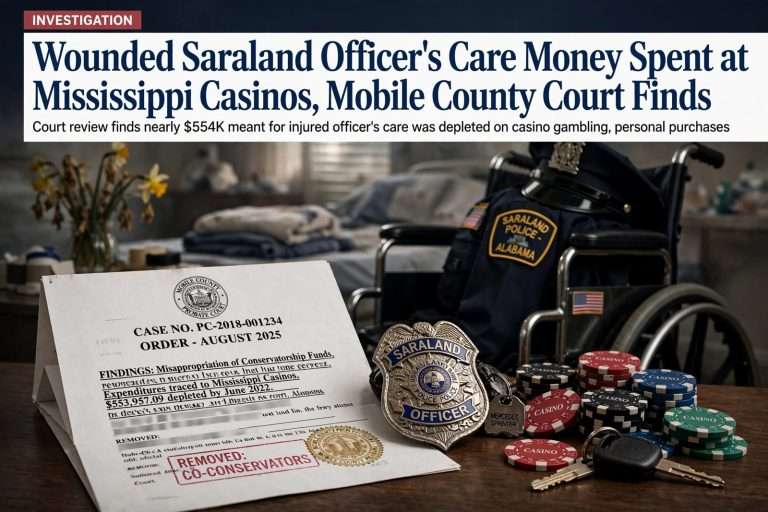 Illustration for the news story: Wounded Saraland Officer’s Care Money Spent at Mississippi Casinos, Mobile County Court Finds