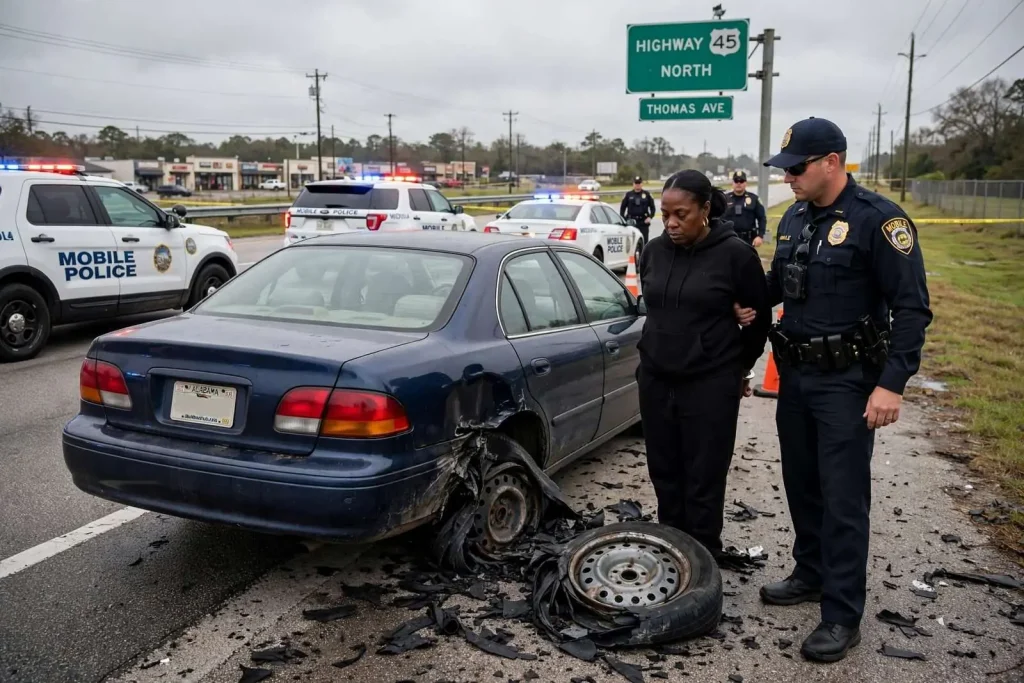 Illustration for the news story: Ytesha English, 47, Arrested After High-Speed Chase Ends in Tire Blowout on Highway 45