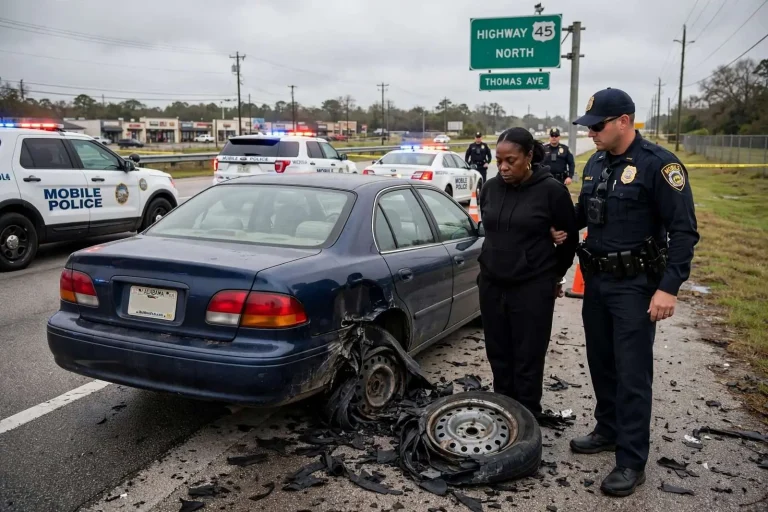 Illustration for the news story: Ytesha English, 47, Arrested After High-Speed Chase Ends in Tire Blowout on Highway 45