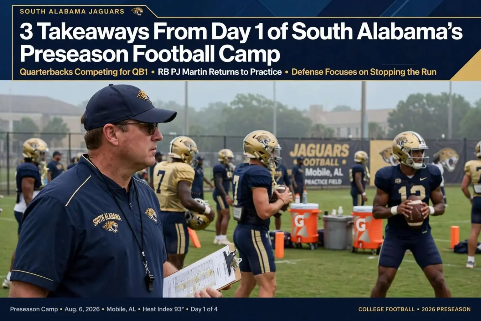 Illustration for the news story: 3 Takeaways From Day 1 of South Alabama’s Preseason Football Camp
