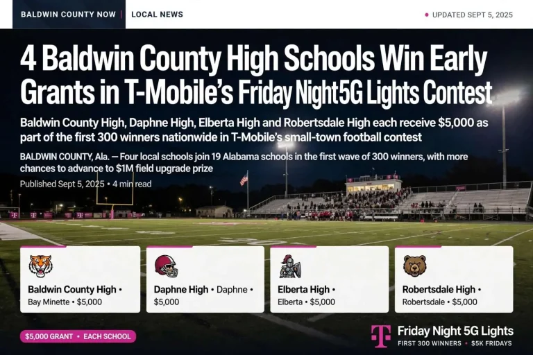 Illustration for the news story: 4 Baldwin County High Schools Win Early Grants in T-Mobile’s Friday Night 5G Lights Contest