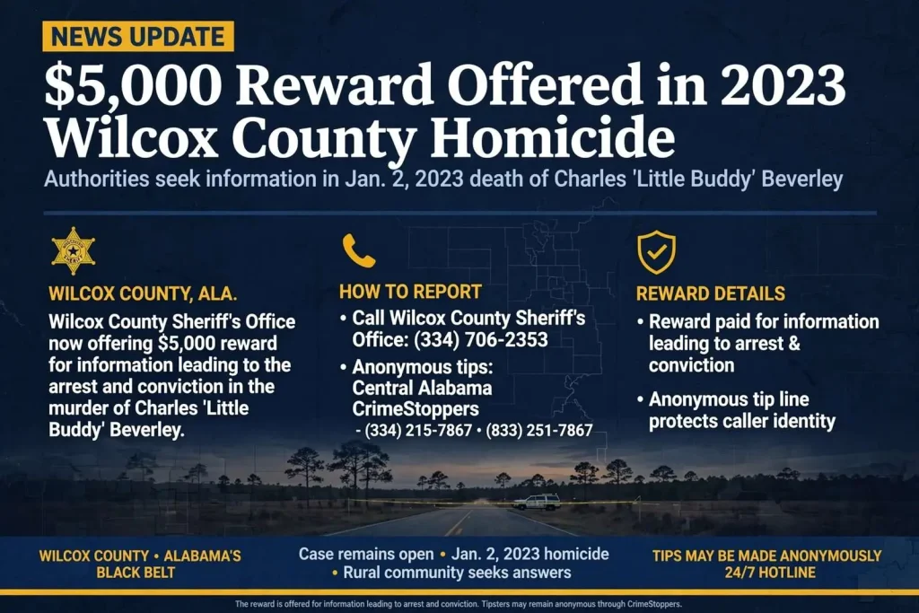 Illustration for the news story: $5,000 Reward Offered in 2023 Wilcox County Homicide