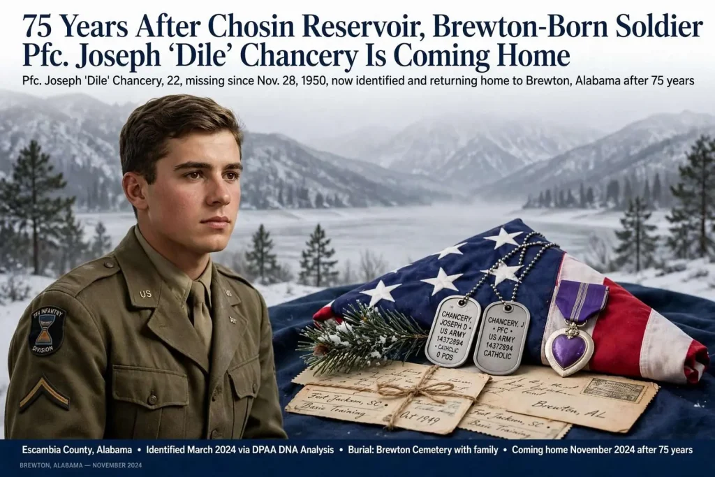 Illustration for the news story: 75 Years After Chosin Reservoir, Brewton-Born Soldier Pfc. Joseph ‘Dile’ Chancery Is Coming Home