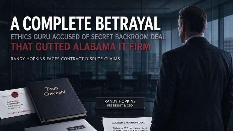 Illustration for the news story: “A Complete Betrayal”: Ethics Guru Randy Hopkins Accused of Secret Backroom Deal That Gutted Alabama IT Firm