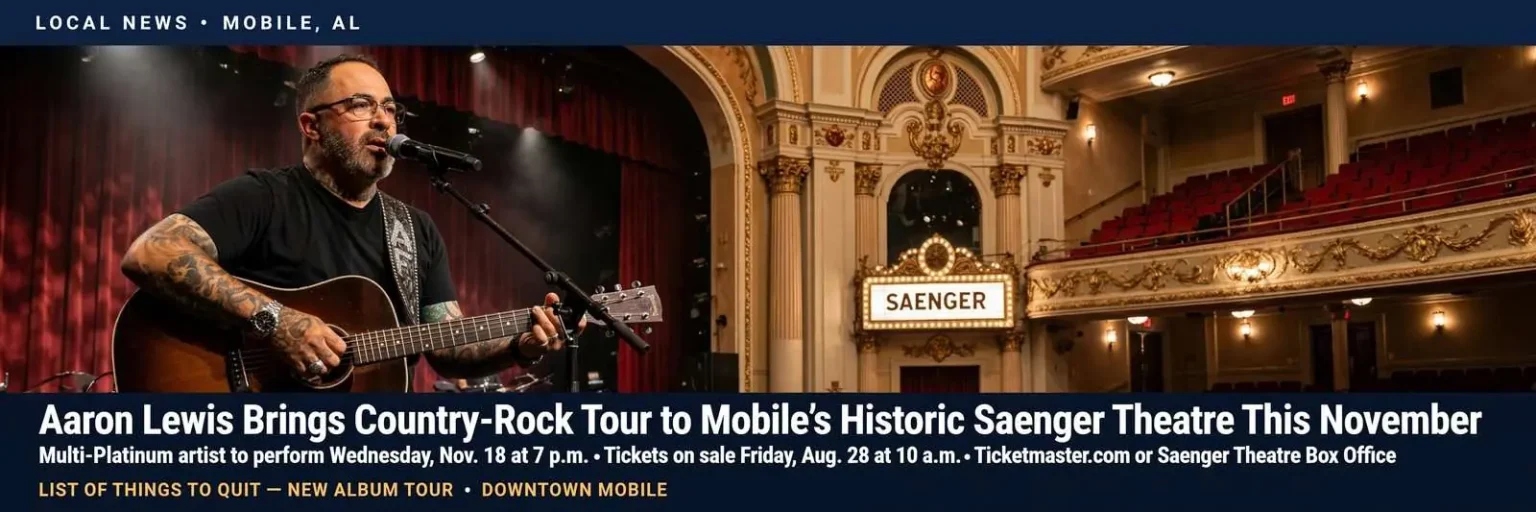 Illustration for the news story: Aaron Lewis Brings Country-Rock Tour to Mobile’s Historic Saenger Theatre This November