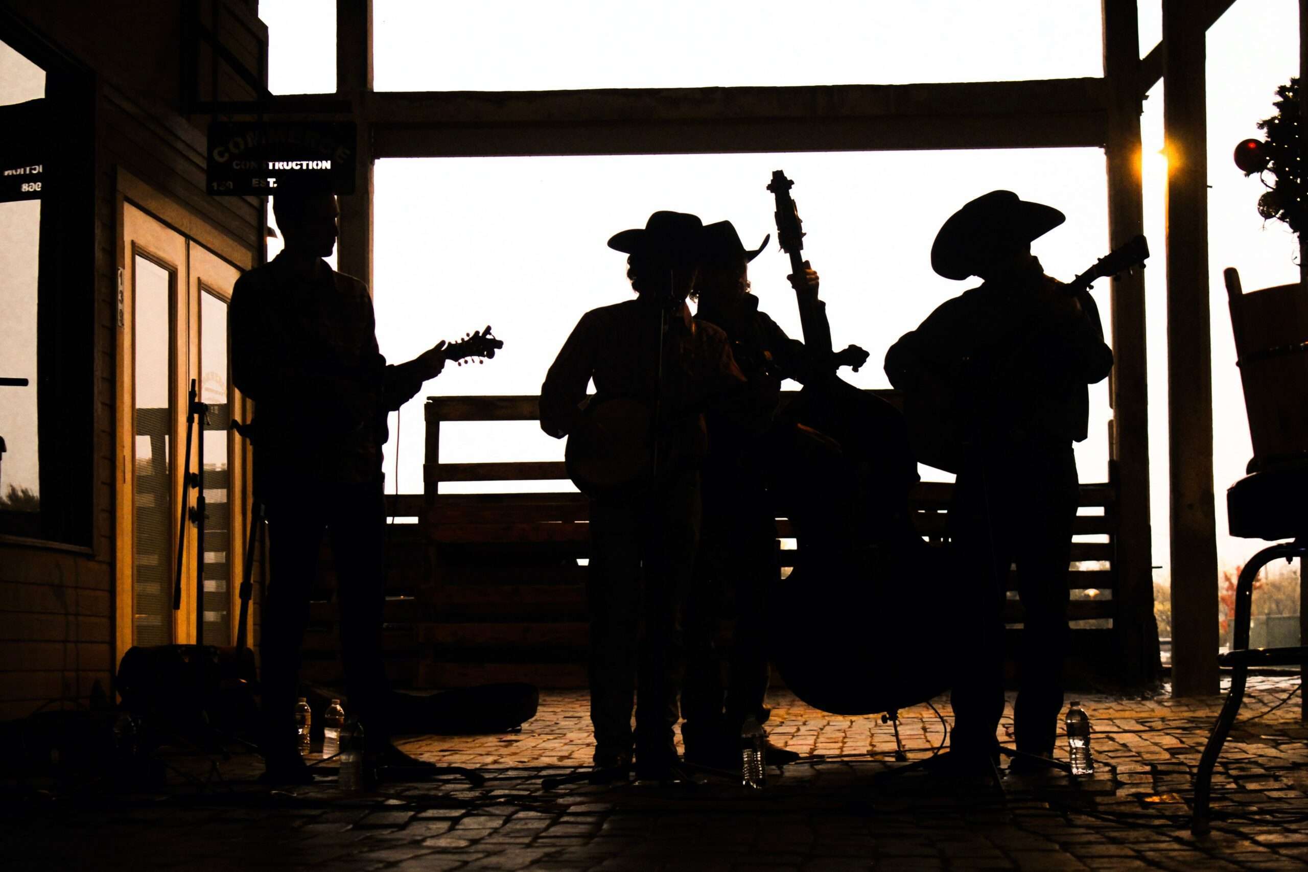 Silhouettes of a four-piece acoustic string band playing guitar, banjo and upright bass at dusk