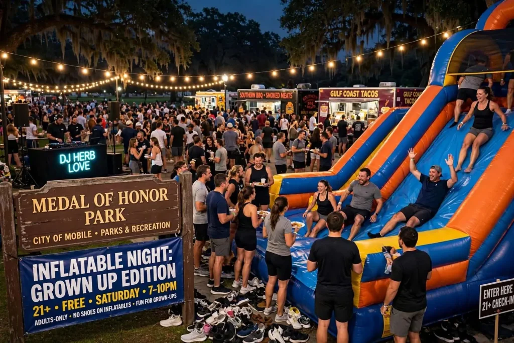 Illustration for the news story: Adults-Only Inflatable Night Draws Big Crowd to Medal of Honor Park in Mobile