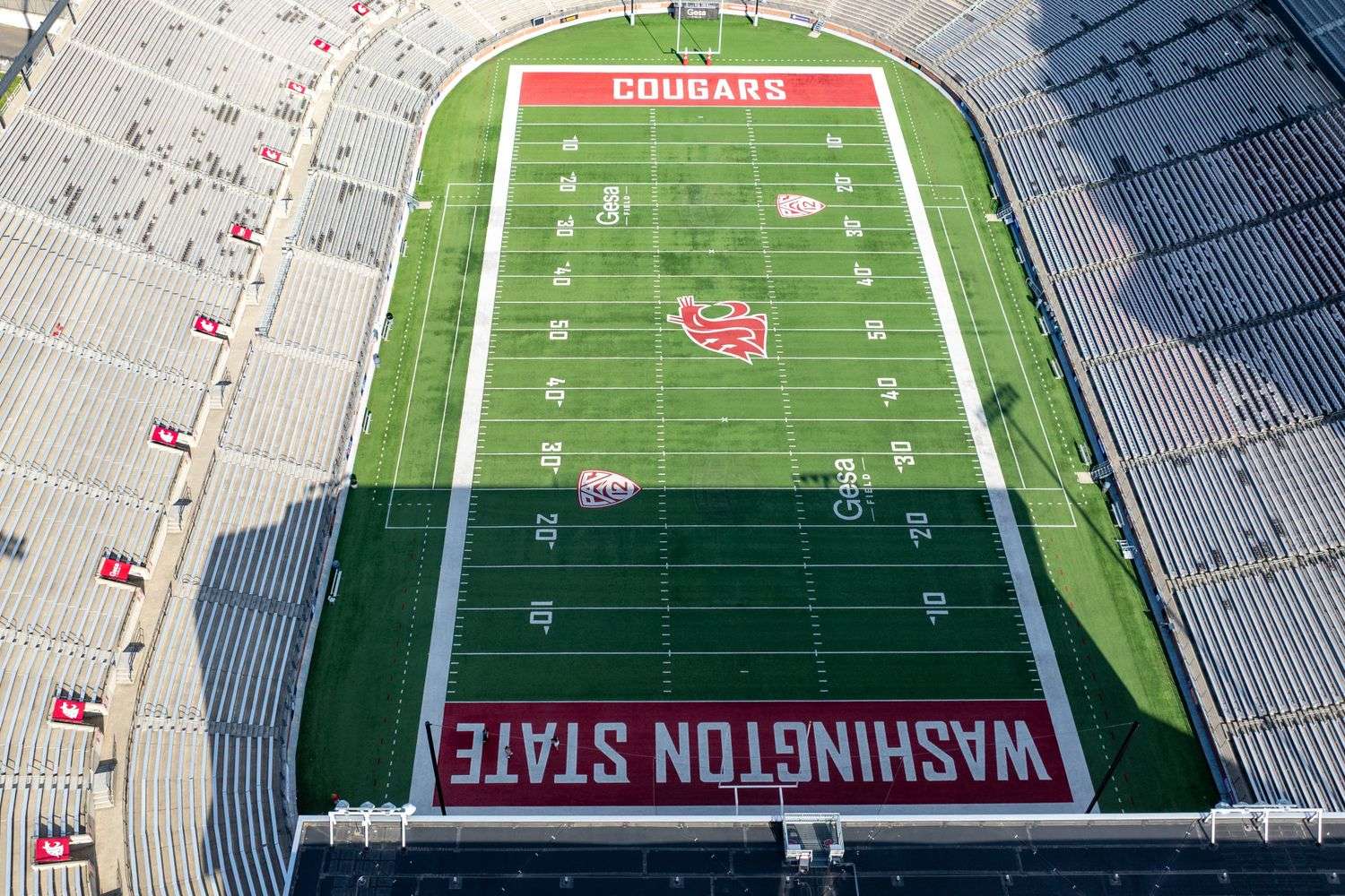 An empty high school football stadium on a fall evening in Alabama