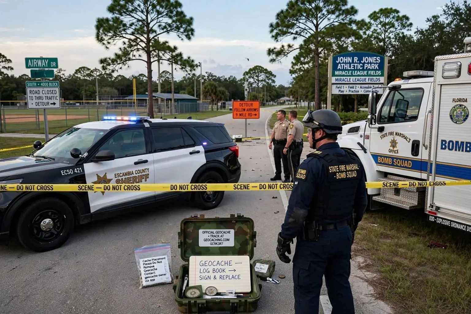 Illustration for the news story: Bomb Squad Called to Airway Drive for a Suspicious Object That Turned Out to Be a Geocache