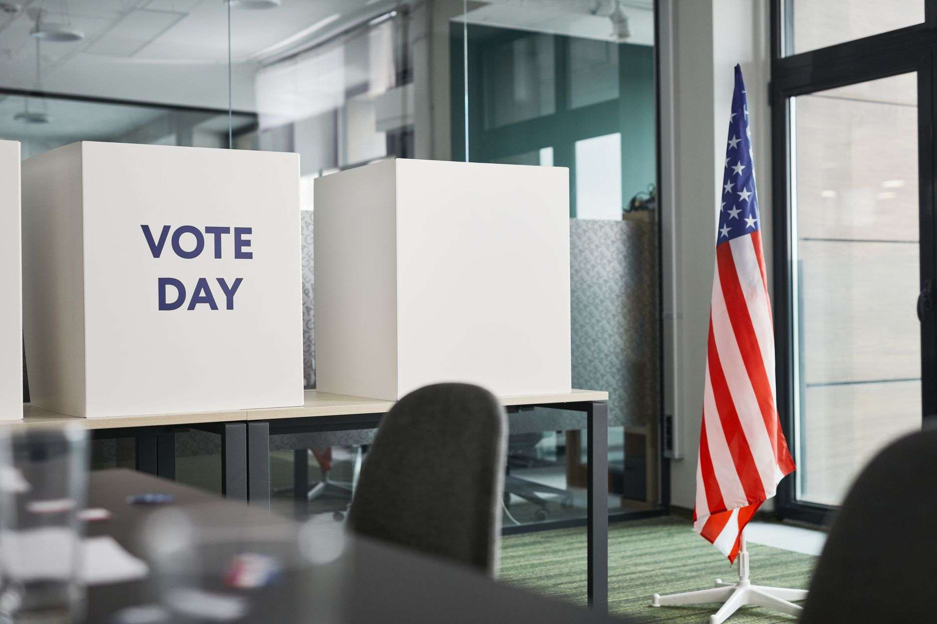 American flag and voting scene representing an election
