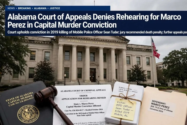 Illustration for the news story: Alabama Court of Appeals Denies Rehearing for Marco Perez in Capital Murder Conviction