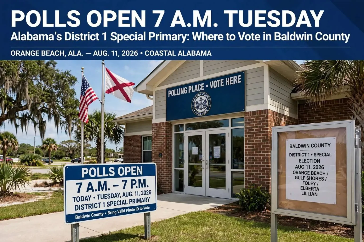Illustration for the news story: Polls Open 7 a.m. Tuesday in Alabama’s District 1 Special Primary: Where to Vote in Baldwin County