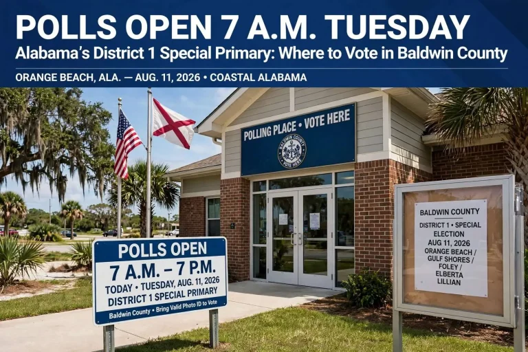 Illustration for the news story: Polls Open 7 a.m. Tuesday in Alabama’s District 1 Special Primary: Where to Vote in Baldwin County