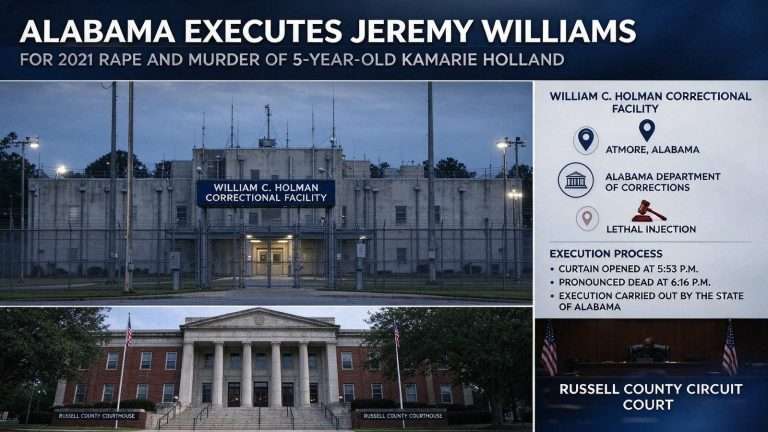 Illustration for the news story: Alabama Executes Jeremy Williams for 2021 Rape and Murder of 5-Year-Old Kamarie Holland