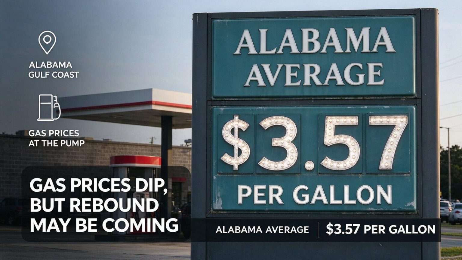 Illustration for the news story: Alabama Gas Prices Dip to $3.57 a Gallon, but GasBuddy Warns a Rebound May Be Coming