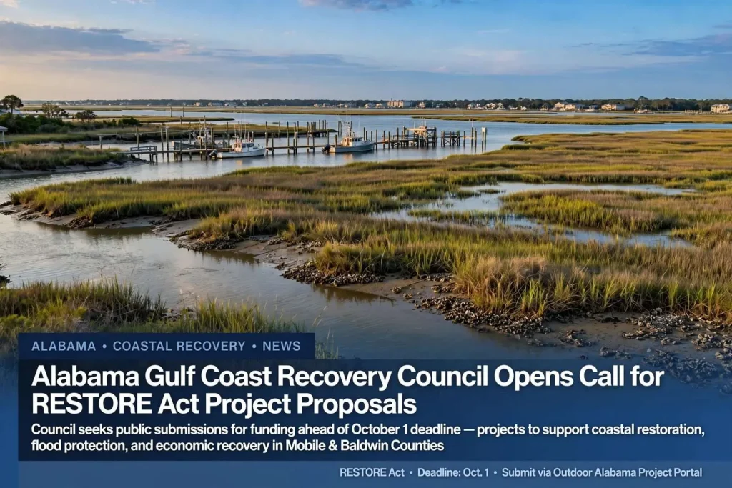 Illustration for the news story: Alabama Gulf Coast Recovery Council Opens Call for RESTORE Act Project Proposals Ahead of Oct. 1 Deadline