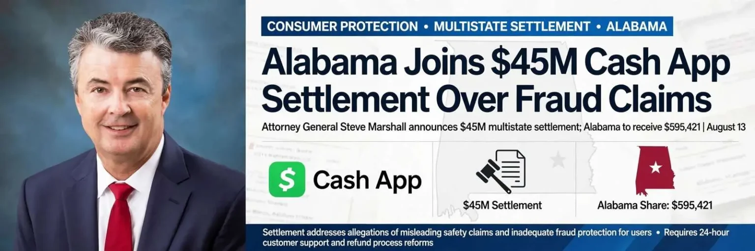 Illustration for the news story: Alabama Joins $45M Cash App Settlement Over Fraud Claims